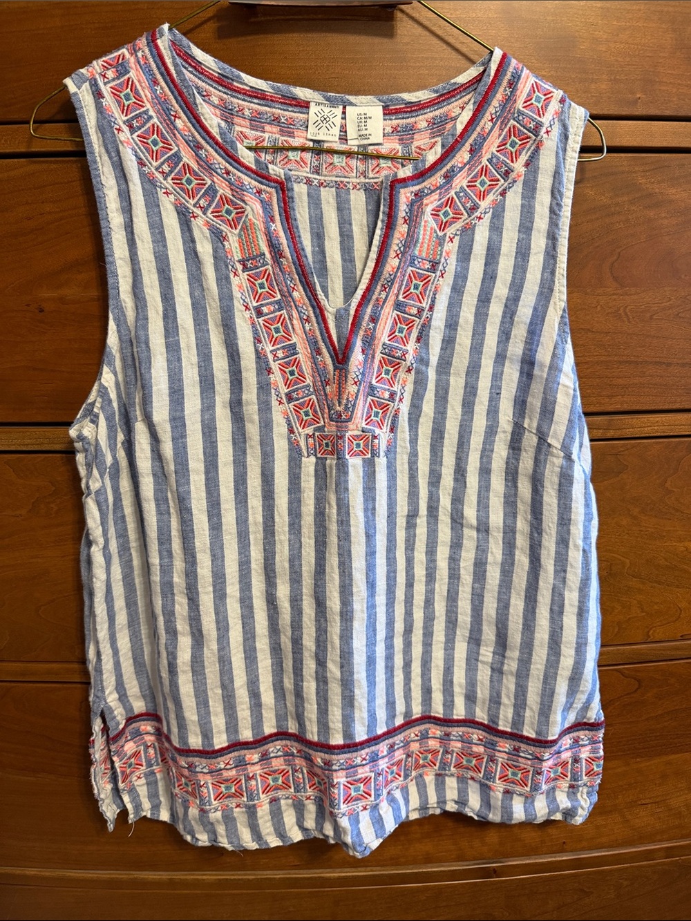 Artisan Ny Blue and White Striped Embroidered Linen Tank